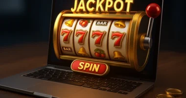 3D ilustrasi Website Slot Online Resmi dengan tampilan modern, gulungan slot berwarna, simbol scatter, jackpot besar, dan fitur tarik saldo instan di layar perangkat digital.