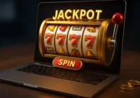 3D ilustrasi Website Slot Online Resmi dengan tampilan modern, gulungan slot berwarna, simbol scatter, jackpot besar, dan fitur tarik saldo instan di layar perangkat digital.
